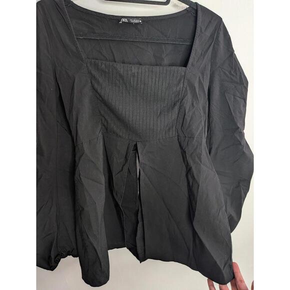 Zara Blouse Womens Large Black Square Neck Long Balloon Sleeve Pleated Top - Picture 2 of 8